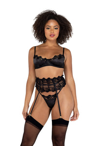 Thumbnail for 3PC Embroidered Lace & Satin Bra Garter Set