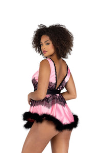 Thumbnail for 2PC Satin & Lace Babydoll with Tie & Faux Feather Detail